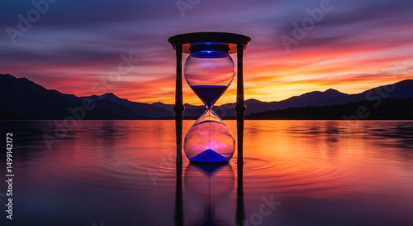 Obraz Hourglass Reflection in Tranquil Waters: Time Passing Amidst a Vibrant Sunset over Serene Lake and Distant Mountains Scenery