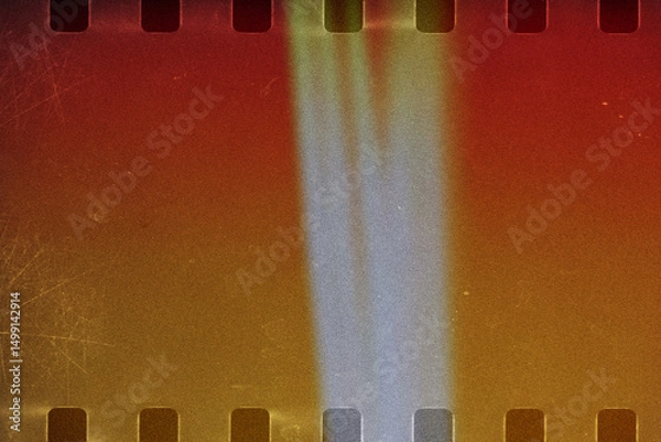 Obraz Film stripe black background with red light leaks, broken color tone. Dusty scratched and scanned old film texture.