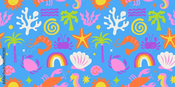 Fototapeta Vector seamless pattern with hand drawn elements, sea, ocean and vacation vibe, abstract cartoon background for textile, wallpaper, stationery, decorative gift paper, banners and prints