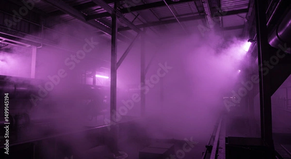 Obraz Ethereal industrial interior illuminated by vibrant violet lighting showcasing a dense fog-filled space suggesting a mysterious environment