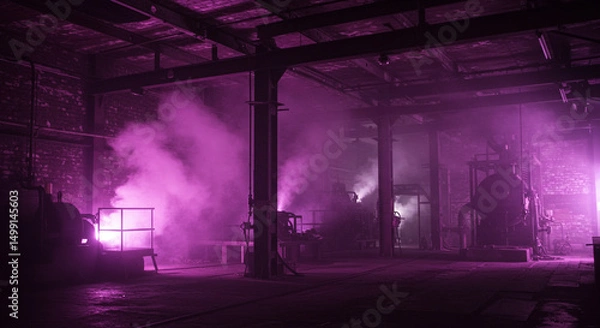 Obraz Eerie vapor blankets the interior of an abandoned industrial site illuminated by violet light, creating a suspenseful and mysterious ambience