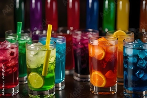 Obraz Three different colored drinks served in elegant glasses with straws and garnishes perfect for a summer party.generative.ai