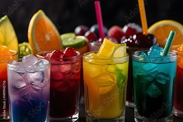 Obraz Three different colored drinks served in elegant glasses with straws and garnishes perfect for a summer party.generative.ai