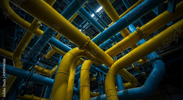 Fototapeta Intricate network of industrial pipelines in blue and yellow, conveying energy and resources in a modern facility, reflecting complexity and precision
