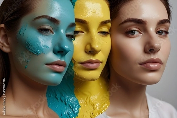 Obraz Vibrant and colorful paintsplattered face portrait with artistic makeup and vibrant colors, creating a creative and abstract explosion of painted skin beauty .generative.ai