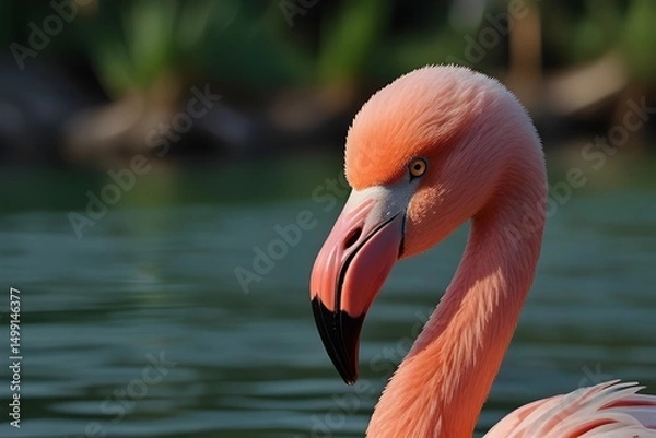 Obraz A flamingo is standing on a lake background, pink flamingo portrait.generative.ai