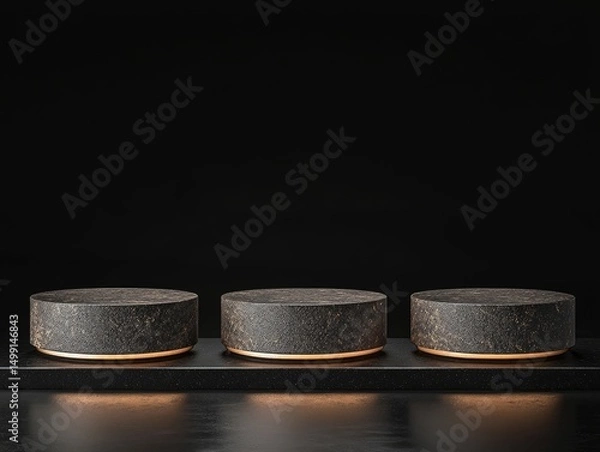 Fototapeta Three dark, cylindrical stone platforms with gold trim, illuminated from below, sit on a black base against a black background