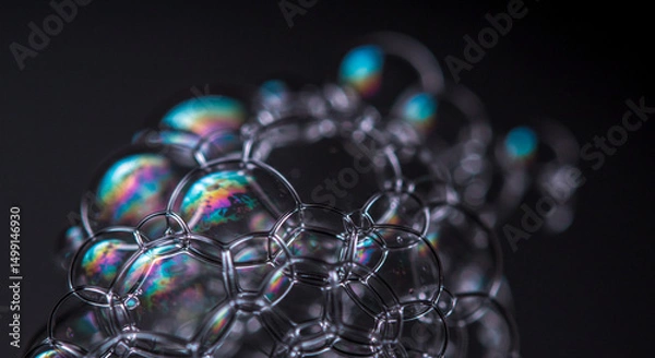 Fototapeta Captivating macro image showcasing iridescent soap bubbles clinging together against a dark background creating an abstract network of light