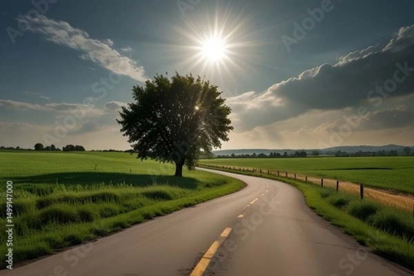 Fototapeta A road with two trees on either side of it. The sun is setting and the sky is orange.generative.ai
