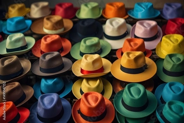 Obraz A collection of various straw hats displayed for sale at a market, showcasing different styles and colors.generative.ai