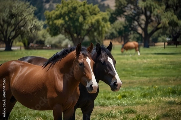 Obraz Two horses graze in green meadows. Aerial view of a beautiful mountain summer landscape.generative.ai