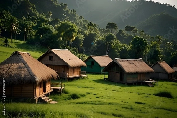 Obraz Beautifully weathered New Zealand timber barn, nestled in a lush green valley with rolling hills.generative.ai