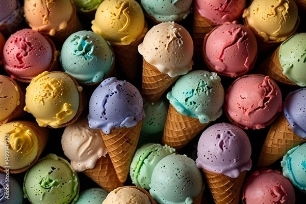 Obraz An appealing display of ice cream cones in different flavors. This playful image showcases delicious treats for summer. Ideal for dessert shops or food promotions.generative.ai