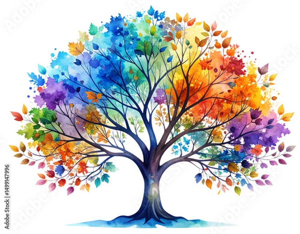 Obraz Decorative Family Tree Silhouette with Watercolor Foliage, Transparent Background