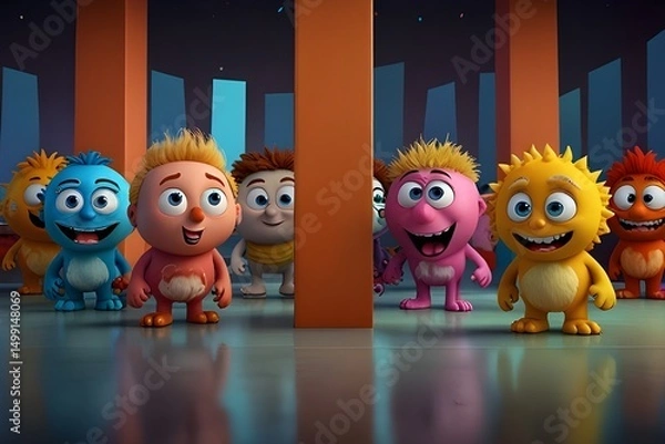Obraz 3D Cartoon Character Group - Cute Student Boys, Isolated transparent background.generative.ai