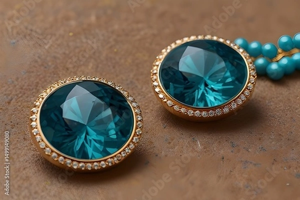 Obraz Pair of elegant blue gemstone stud earrings on a light surface close up jewelry detail.generative.ai