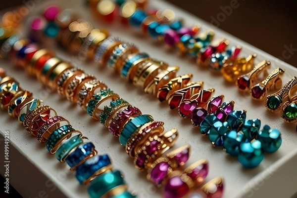 Obraz Variety of handmade earrings adorned with colorful beads and stones in a jewelry workshop at Shonajhuri Haat, Bolpur, West Bengal.generative.ai
