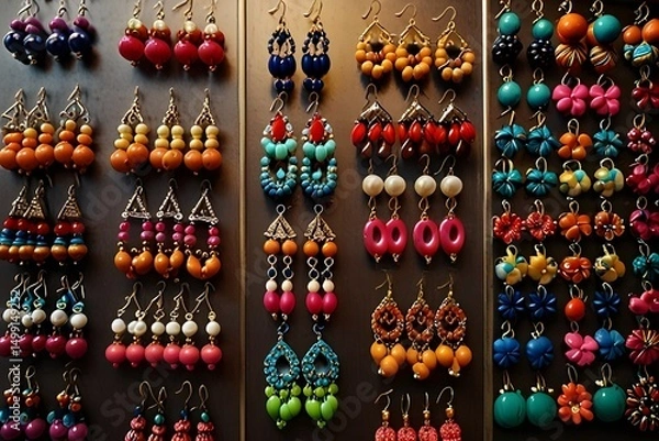 Obraz Jewelry Making handmade. Variety of handmade earrings featuring different designs, such as hoops, studs, dangling pieces. Earrings arranged neatly showcasing diverse materials colors.generative.ai