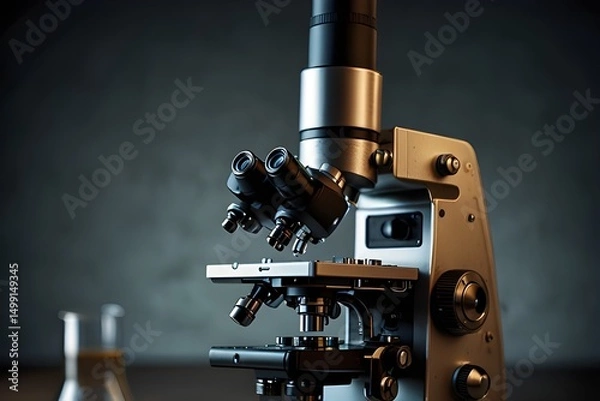 Obraz A beautiful microscope, science laboratory equipment for sample test.generative.ai