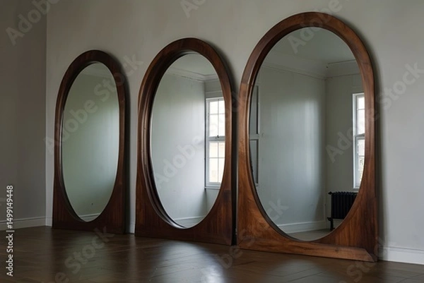Obraz Vintage gold dressing table with mirror and three reflections on a dark white wall .generative.ai