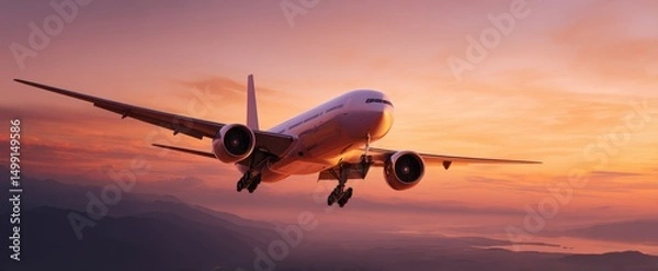 Fototapeta The airplane soaring through a colorful sunset sky over tranquil waters