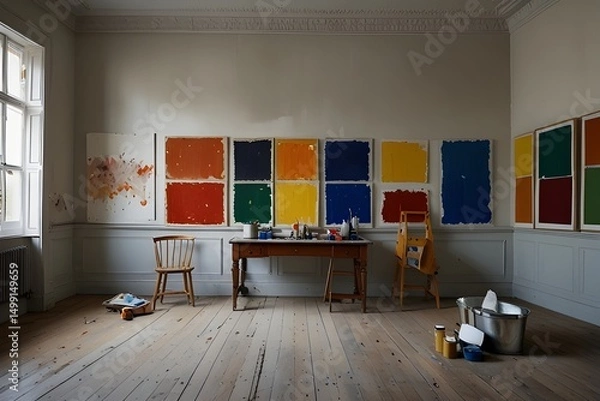 Obraz A colorful painting with a window in the background. The painting is a large, colorful grid of squares, with each square having a different color.generative.ai