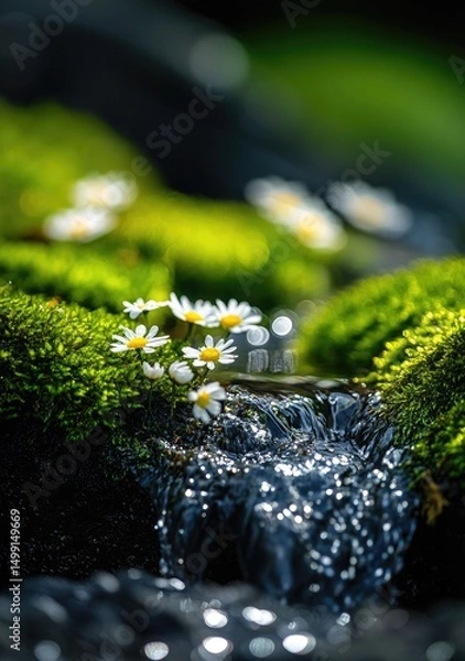 Fototapeta Sunlit daisies nestled in vibrant green moss beside a gently flowing stream, sparkling water, shallow depth of field