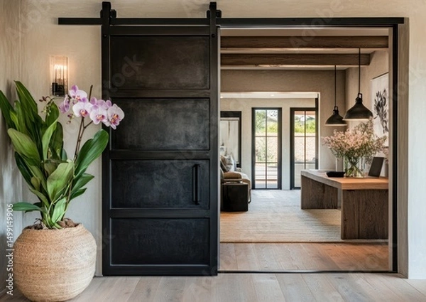 Obraz Modern, spacious entryway with black barn door,  orchid, and  natural light