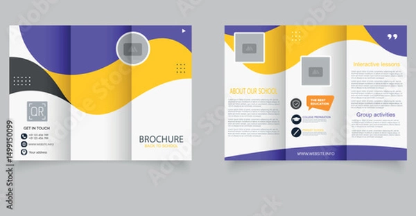 Fototapeta Back to School Trifold Brochure Template. Modern Education Flyer Design for Institutions. Professional trifold brochure template with a clean and modern layout, featuring dynamic wave shapes.