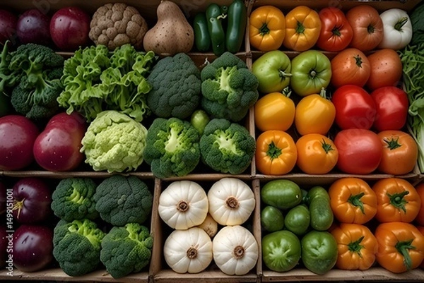 Obraz Heap of different vegetables on shop.Anonymous person lays the harvest on table. Organic ugly vegetables.genrative.ai
