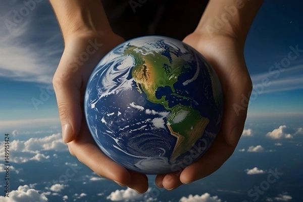 Fototapeta A pair of human hands gently hold the planet Earth against a calm sky with soft clouds. The Earth is depicted in detail, with visible continents and atmospheric layers.generative.ai
