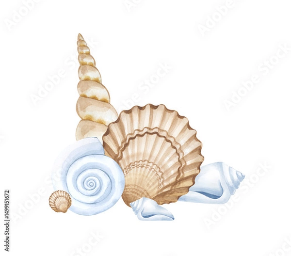 Fototapeta Watercolor illustration of seashells. A composition of various hand-painted shells on a white background. Isolated. A template for a marine-style design.