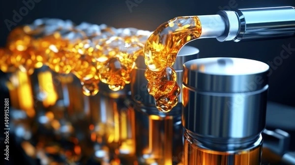Obraz Engine oil pouring into engine cylinders, dark studio background