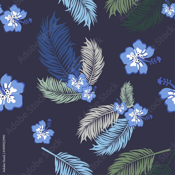 Obraz Elegant floral pattern with blue flowers and tropical leaves on a dark background. Seamless and decorative.