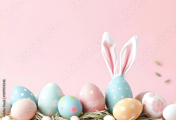 Fototapeta Happy Easter bunny and colorful eggs decoration on green grass, Generative AI