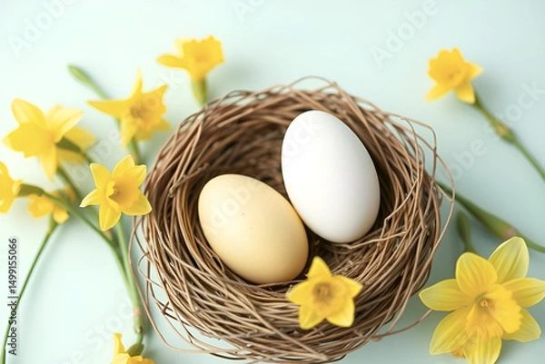 Fototapeta Fresh organic brown and yellow Easter eggs nestle in a basket, a healthy spring breakfast from the farm, Generative AI