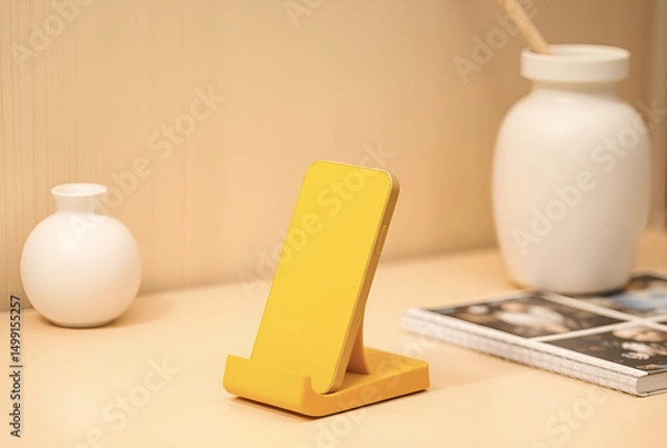 Fototapeta A wooden phone mockup along stand in yello color, Generative AI