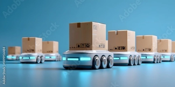 Fototapeta An automated retail warehouse environment with autonomous guided vehicles AGVs moving and transporting various packages and boxes on a systematic distribution network