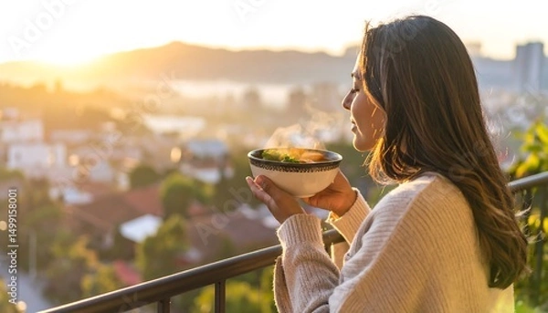 Fototapeta Woman on a balcony holding a bowl of food enjoying sunset with city view