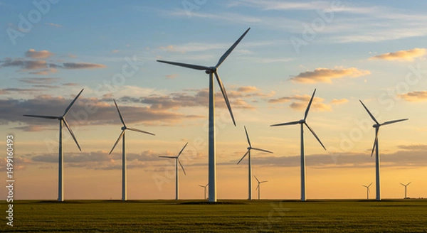 Fototapeta Field of wind turbines with the sun setting in the background. Scene is serene and peaceful, as the turbines are standing tall and still, harnessing the power of the wind