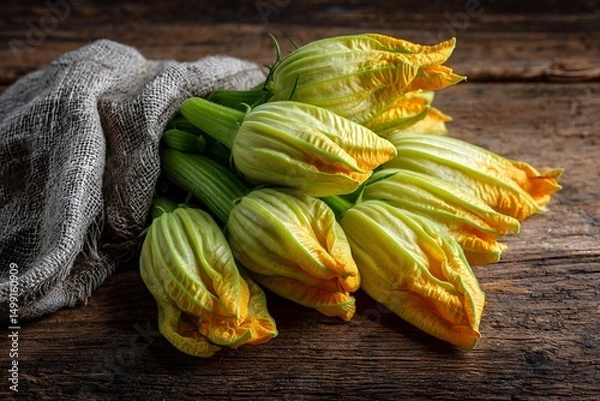 Fototapeta Lush zucchini blooms in rustic natural display  
