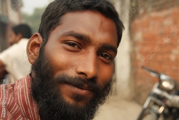 Fototapeta Dynamic Indian youth with dark beard chilling  
