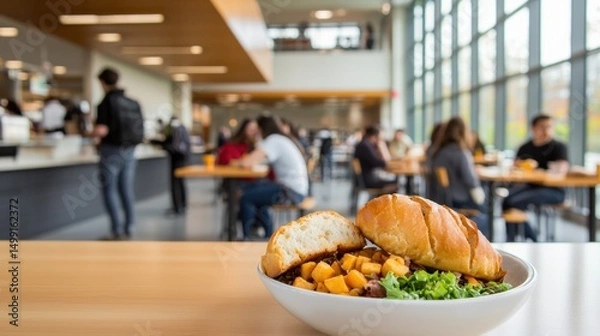 Fototapeta Bustling University Cafeteria with Delicious Food and Modern Design, Inviting Student Social Atmosphere