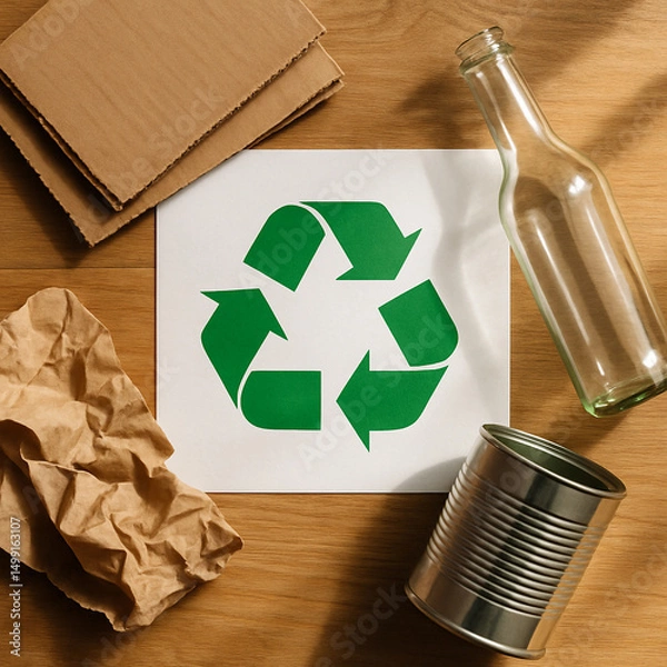 Fototapeta Green recycling symbol is on a piece of paper
