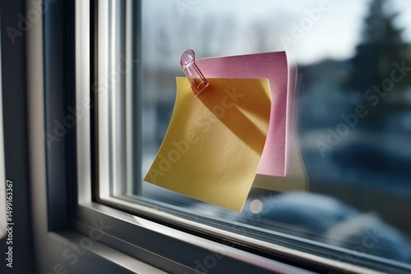Fototapeta A window with three sticky notes on it. The notes are yellow, pink and purple. The window is letting in sunlight