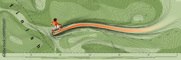 Fototapeta Conceptual art collage. Female runner in orange top accelerates along green mapped surface with bold orange trail toward finish line. Concept of sport competition, surreal, movement. Ad