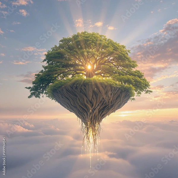 Fototapeta Tree is floating in the sky with the sun shining on it