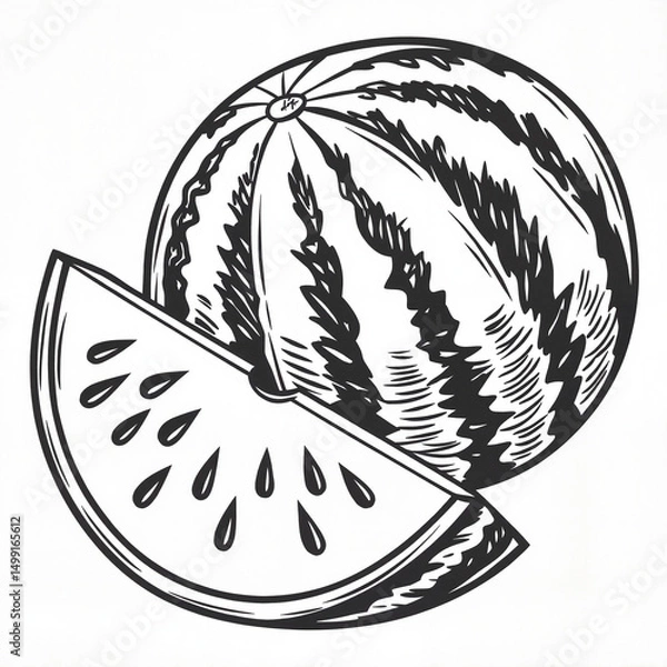 Obraz Watermelon slice in hand-drawn vintage style in black and white representing summer freshness and organic fruit illustration