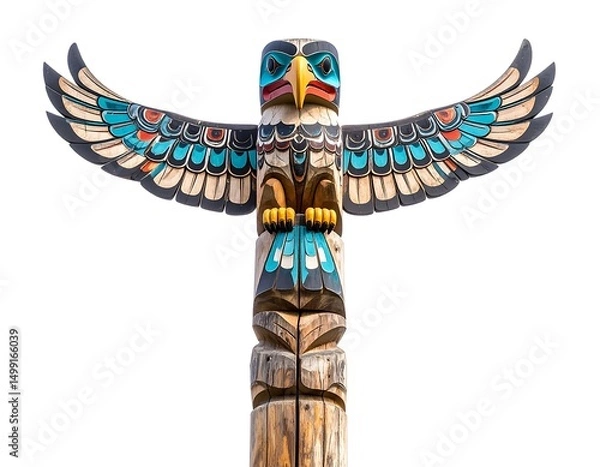Fototapeta Colorful wooden totem pole carving depicting a spread-winged eagle against a white background