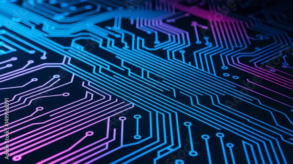 Fototapeta Blue and purple electronic circuit board with many small blue and